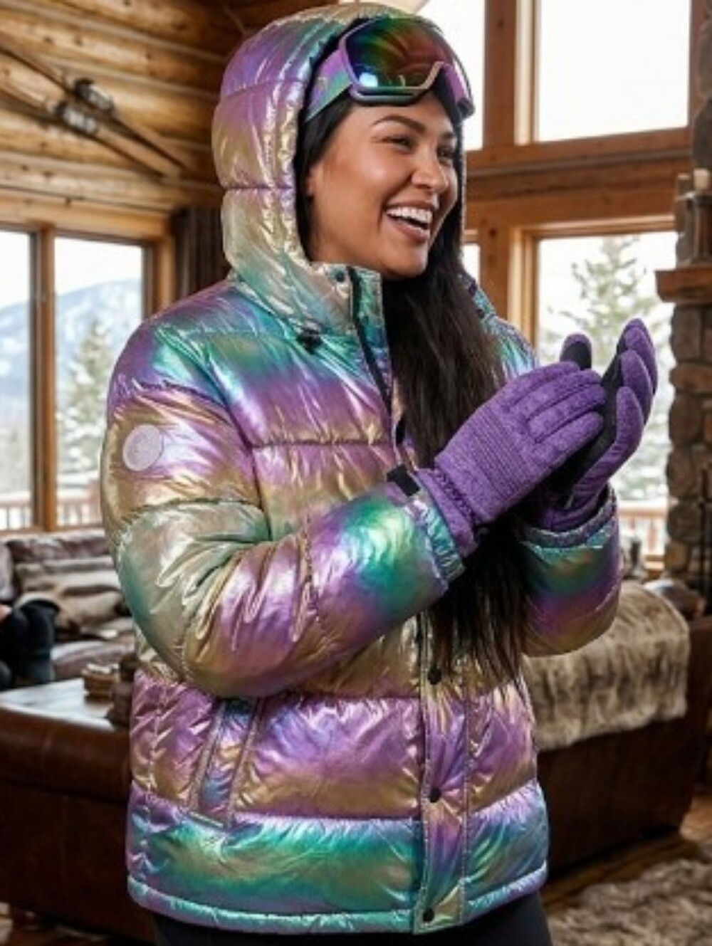 Retro Holographic Puffer Ski Jacket Rainbow Multi-Color Hoodie Unisex Large New